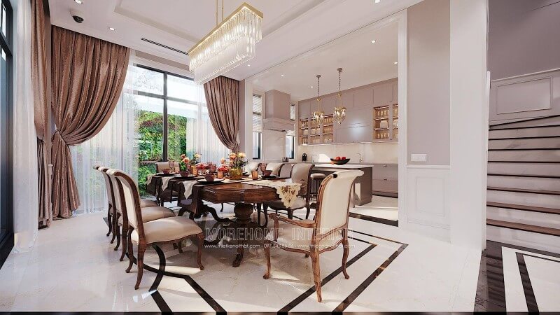 Thiết kế phòng ăn gỗ óc chó nhập khẩu cao cấp cho biệt thự Ciputra Tây Hồ Hà Nội Thiết kế phòng ăn biệt thự